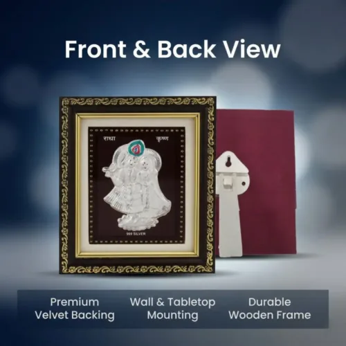 Back view of the silver radha krishna frame showing premium velvet backing, tabletop stand, and wall mount hook