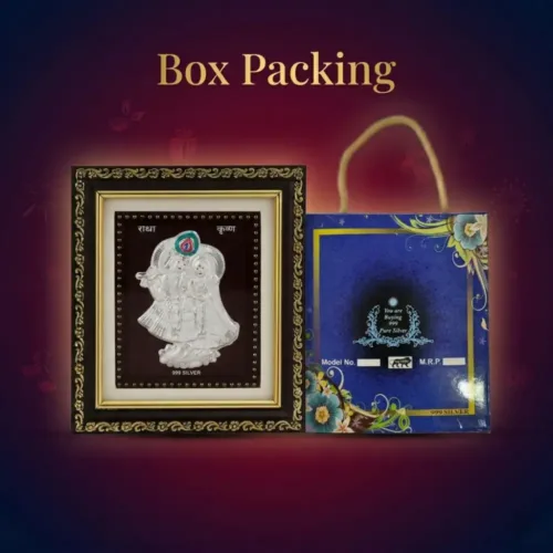 Premium blue gift box packaging of the pure silver radha krishna frame for wedding gift