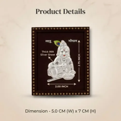Detailed view of the thick silver sheet and product measurements of the 999 silver krishna frame