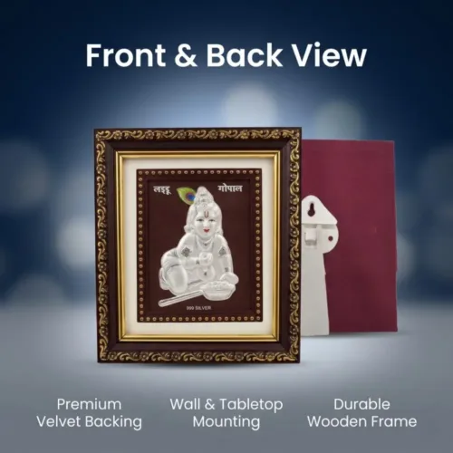 Front and back view showing the premium velvet backing and wall mount of the bal krishna silver frame