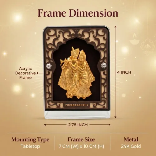 Exact outer measurements and tabletop mounting details of the wooden acrylic frame with 24k gold idol