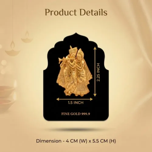 Detailed view of the 999 gold foil radha krishna frame showing the exact dimensions of the divine idol