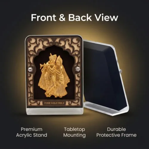 Front and back angle showing the durable acrylic stand of the 24k gold radha krishna frame