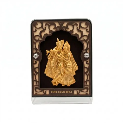 Close up front view of the premium 24k gold radha krishna frame showing intricate 3D foil detailing