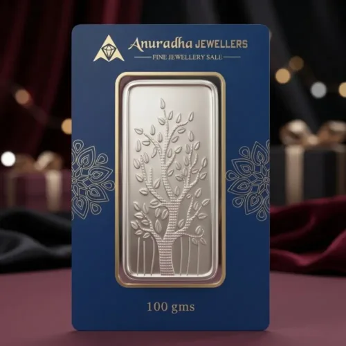 Front view of the Anuradha Jewellers 100 gram silver bar securely sealed in a premium blue assay card