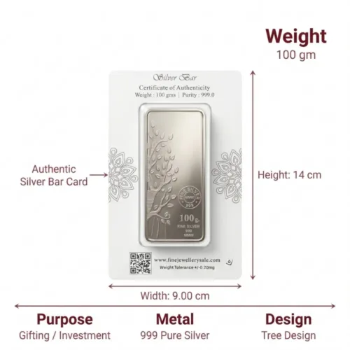 Certificate of authenticity and package dimensions of the 999 pure silver bar 100 gram ensuring its investment value