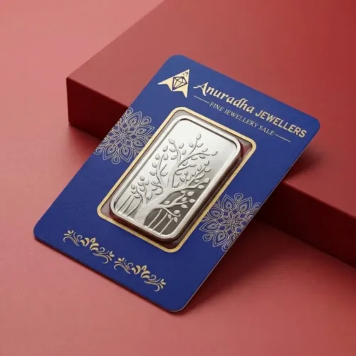 Front view of the premium 20 gram silver bar securely sealed in the Anuradha Jewellers blue assay card on a red background
