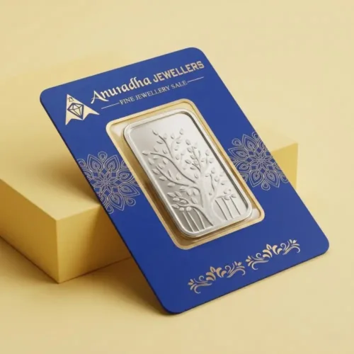 Front angled view of the premium 25 gram silver bar securely sealed in the Anuradha Jewellers blue assay card