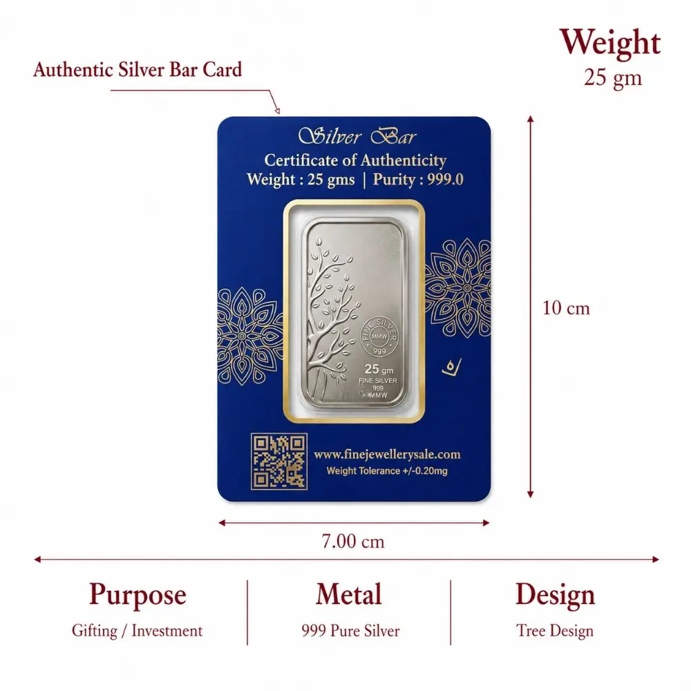 999 Pure Silver Bar 25 Gram Official certificate of authenticity and assay card packaging for the 999 pure silver bar 25 gram
