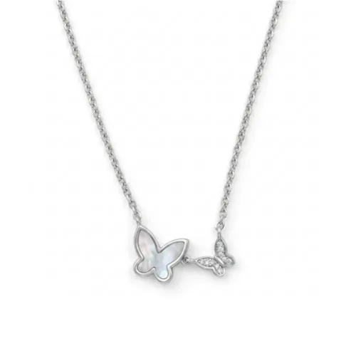 Close up view of the elegant double butterfly necklace for women featuring glowing mother of pearl and delicate crystals