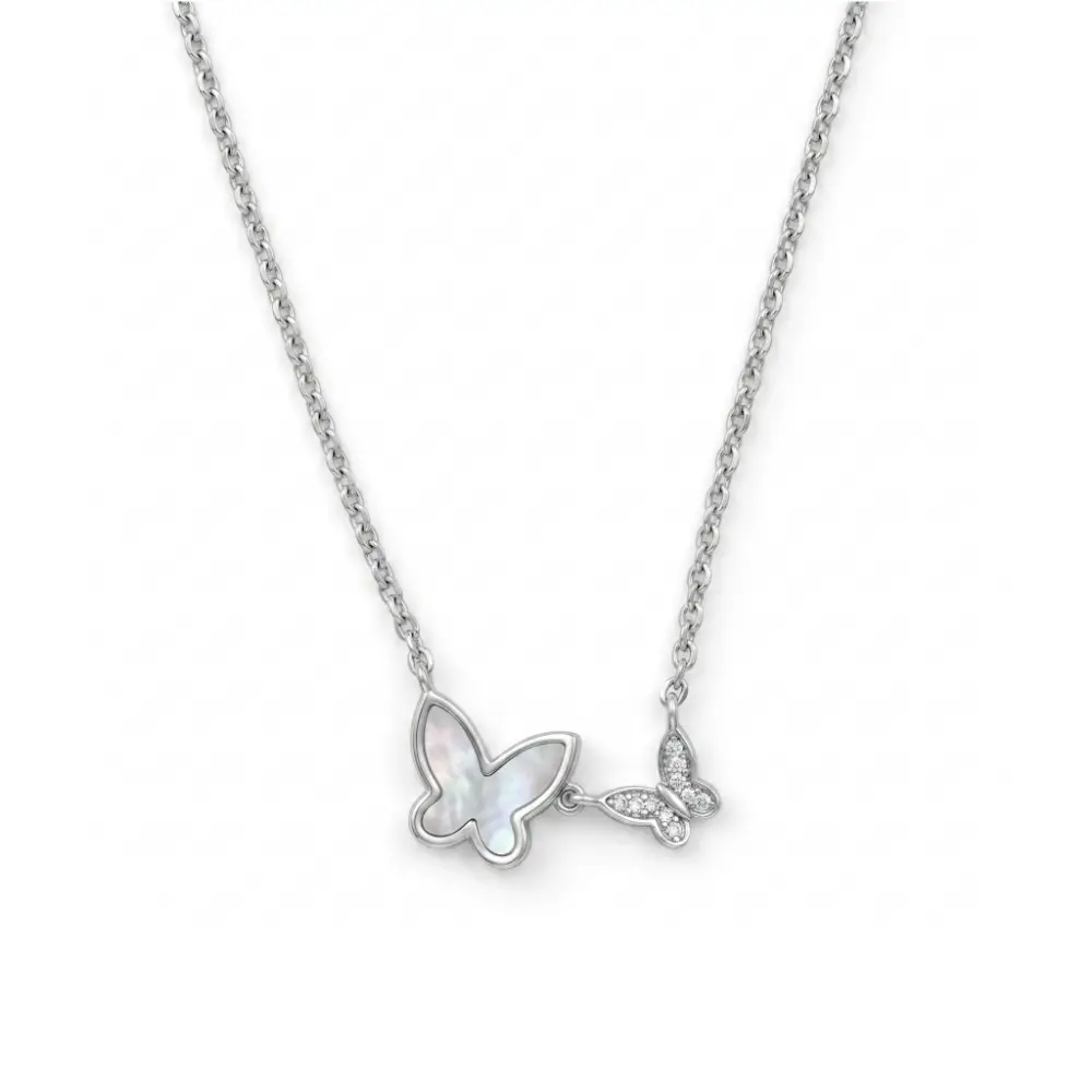 Double Butterfly Necklace for Women Close up view of the elegant double butterfly necklace for women featuring glowing mother of pearl and delicate crystals