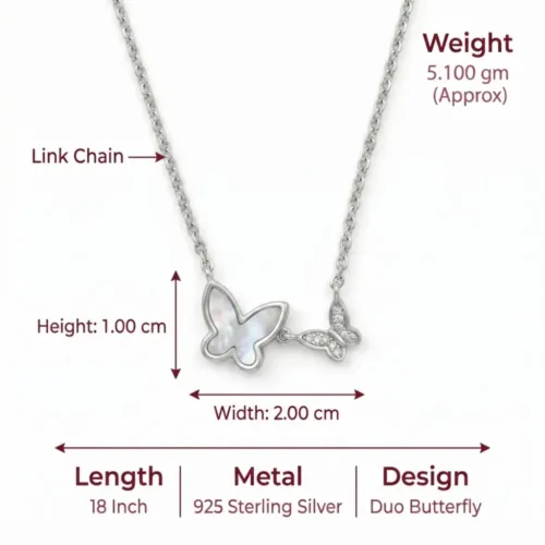 Exact height, width, weight, and chain length dimensions of the minimalist crystal and silver butterfly pendant