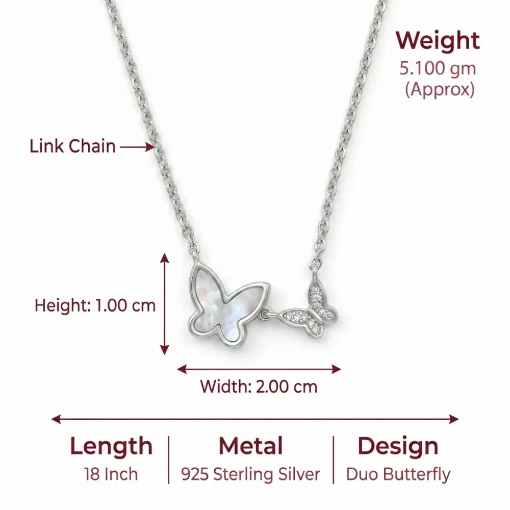 Minimalist Crystal and Silver Butterfly Pendant Dimensions Exact height, width, weight, and chain length dimensions of the minimalist crystal and silver butterfly pendant