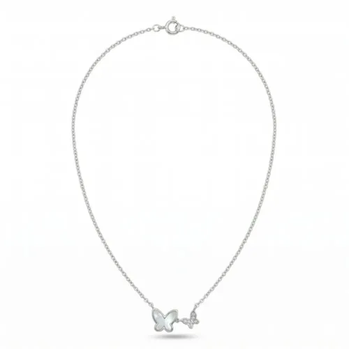 Full top view showing the secure spring ring clasp and delicate adjustable chain of the silver butterfly necklace