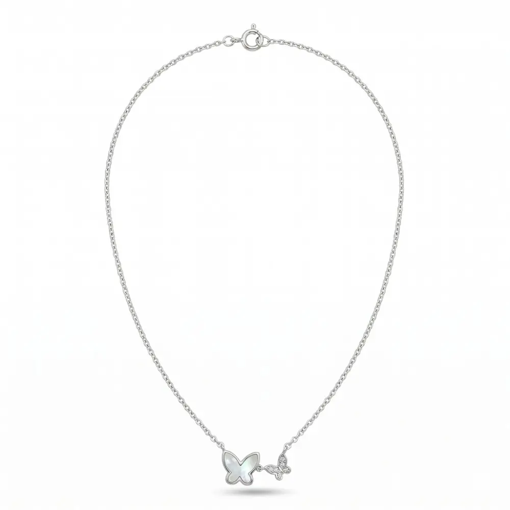 Adjustable Silver Butterfly Necklace Full top view showing the secure spring ring clasp and delicate adjustable chain of the silver butterfly necklace