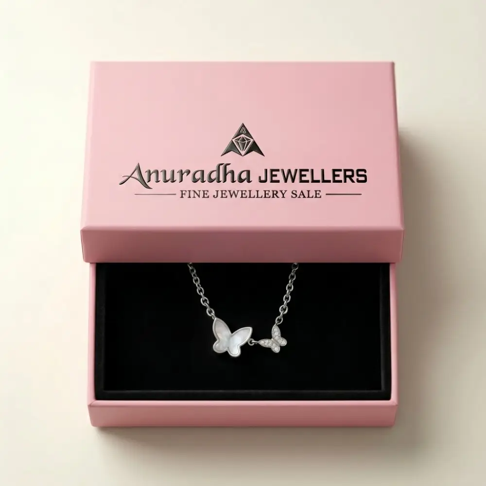 Silver Butterfly Pendant Necklace Gift Box Premium pink Anuradha Jewellers box presenting the beautiful silver butterfly pendant necklace for girlfriend gift