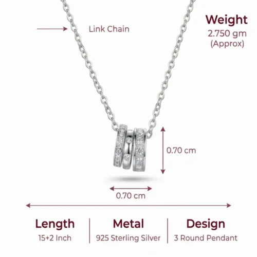 Exact height width and weight dimensions of the triple ring necklace silver showing actual product size