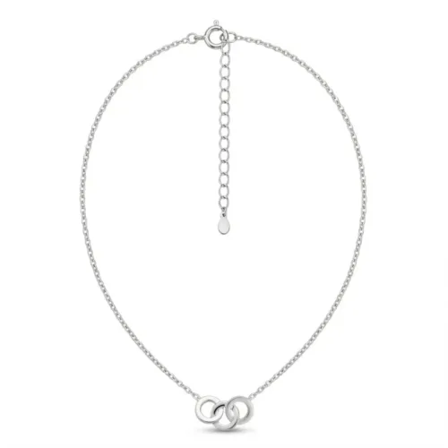 Full top view showing the delicate chain and clasp of the interlocking silver rings pendant