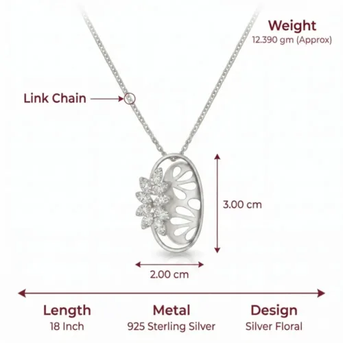 Exact measurements and chain details of the original 925 silver pendant set featuring a beautiful oval cutout design