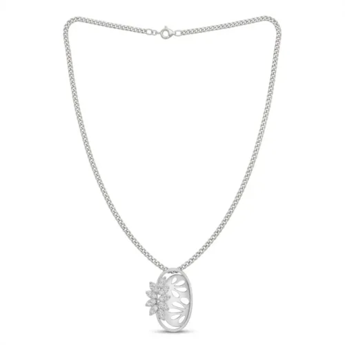 Full front view of the minimalist silver necklace set with earrings showing the delicate link chain and floral cluster