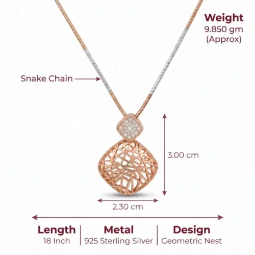 Exact dimensions and two-tone snake chain details of the geometric rose gold necklace set featuring intricate cutout work