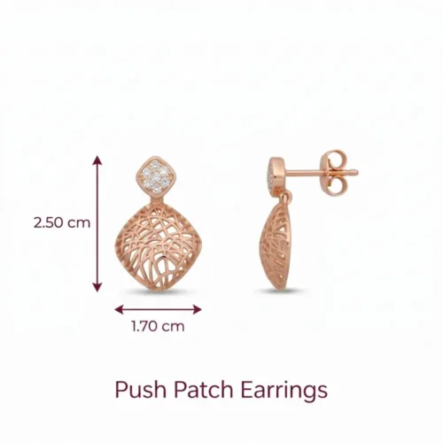 Detailed measurements and push patch backing of the matching earrings from the rose gold pendant set with earrings
