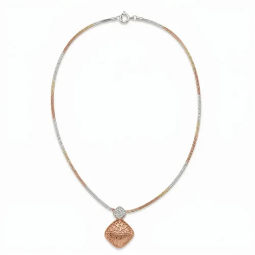 Full front view of the delicate two-tone snake chain and geometric pendant isolated on a clean white background
