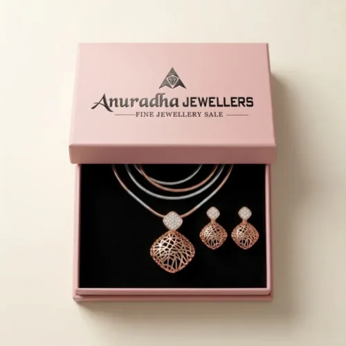 Premium pink Anuradha Jewellers box beautifully presenting the designer pendant earrings set for gifting