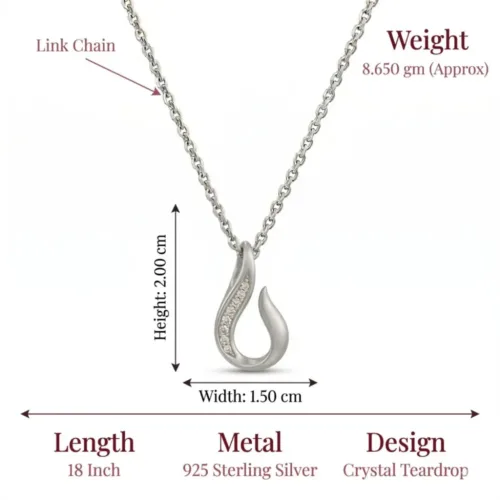 Exact measurements and delicate link chain details of the 925 silver teardrop pendant set with CZ stones