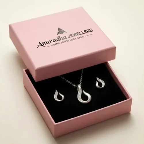 Premium pink Anuradha Jewellers box beautifully presenting the 925 silver teardrop pendant set ready for gifting