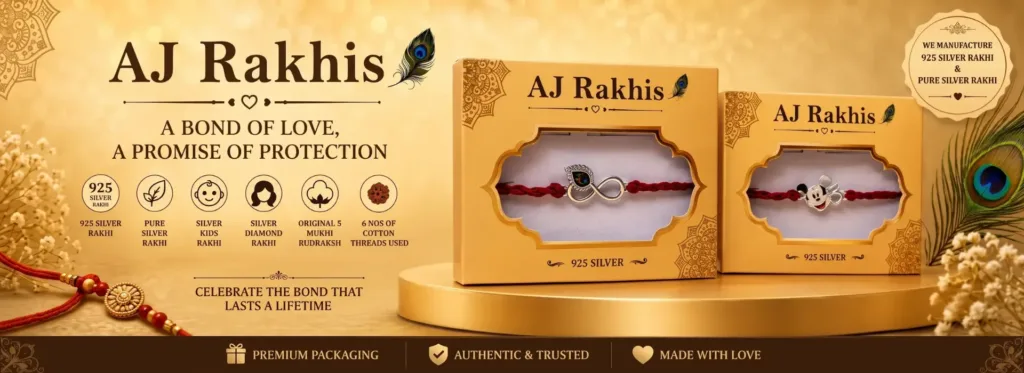 Premium 925 silver Rakhi designs in AJ Rakhis gift boxes for Raksha Bandhan 2026