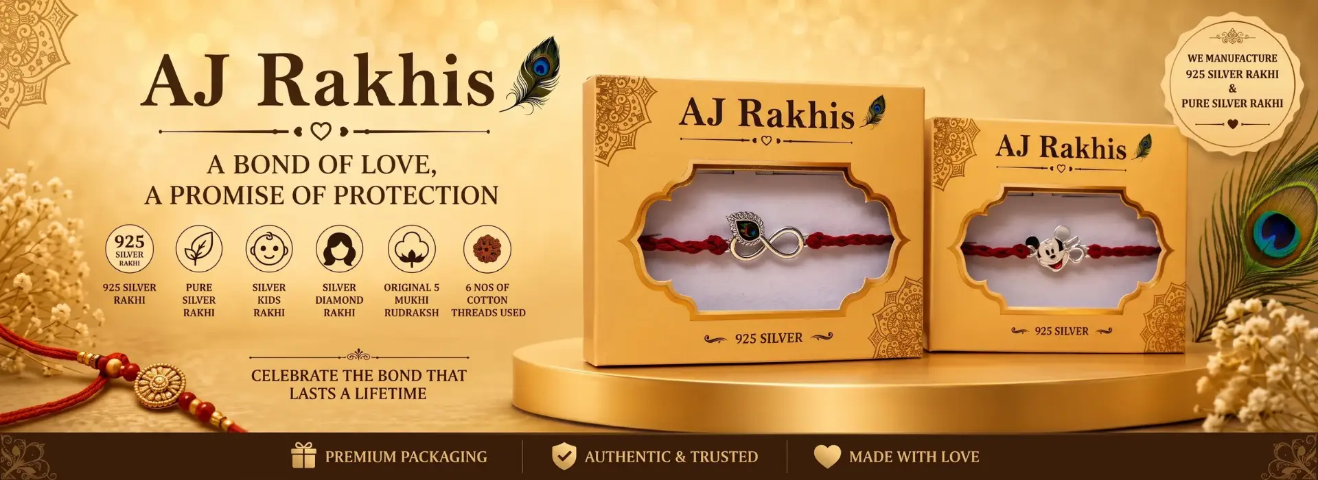 Premium 925 silver Rakhi designs in AJ Rakhis gift boxes for Raksha Bandhan 2026