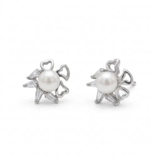 Front view of the elegant silver pearl starburst stud earrings on a clean white background, highlighting the central pearl and radiating design.