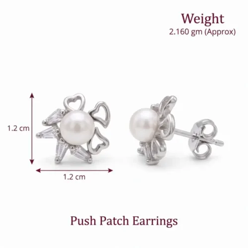 Detailed technical infographic of the open heart pearl earrings silver, displaying the 1.2 cm dimensions, 2.160 gm approximate weight, and secure push patch mechanism.