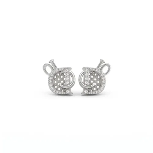 Studio front view of the silver interlocking stud earrings on a pure white background, detailing the sparkling pavé curves and unique modern design.