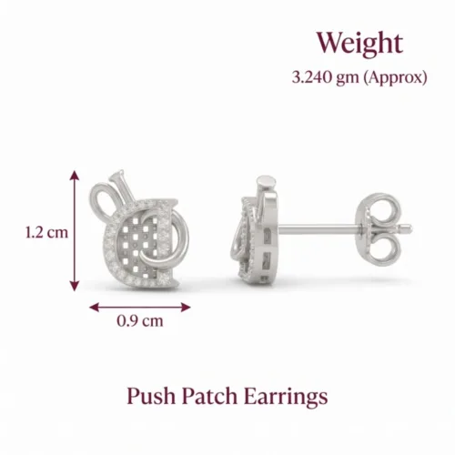 Detailed technical infographic of the geometric pave stud earrings 925, showing front and profile views with 1.2 by 0.9 cm dimensions and an approximate weight of 3.240 grams.