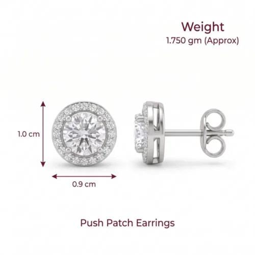 Technical dimensions of the american diamond stud earrings silver, detailing a 1.0 cm front diameter, 1.750 gm approximate weight, and secure push patch closure.