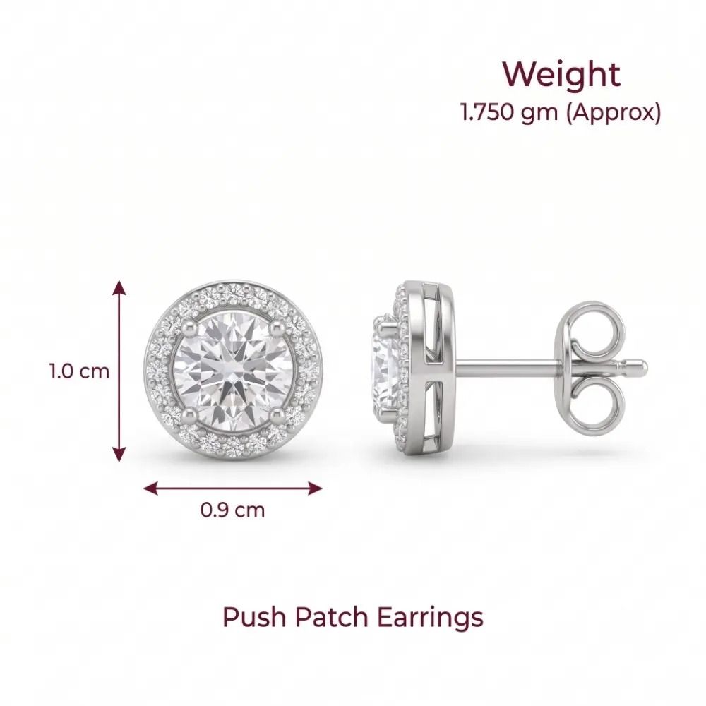 American Diamond Studs Dimensions Technical dimensions of the american diamond stud earrings silver, detailing a 1.0 cm front diameter, 1.750 gm approximate weight, and secure push patch closure.