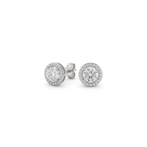 Studio front and angled view of the 925 silver halo stud earrings on a clean white background, showcasing the classic four-prong setting and sparkling pavé border.