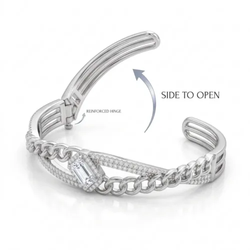 Detailed infographic demonstrating the reinforced hinge of the silver curb chain cuff bracelet, clearly showing the easy side-to-open mechanism for daily comfort.