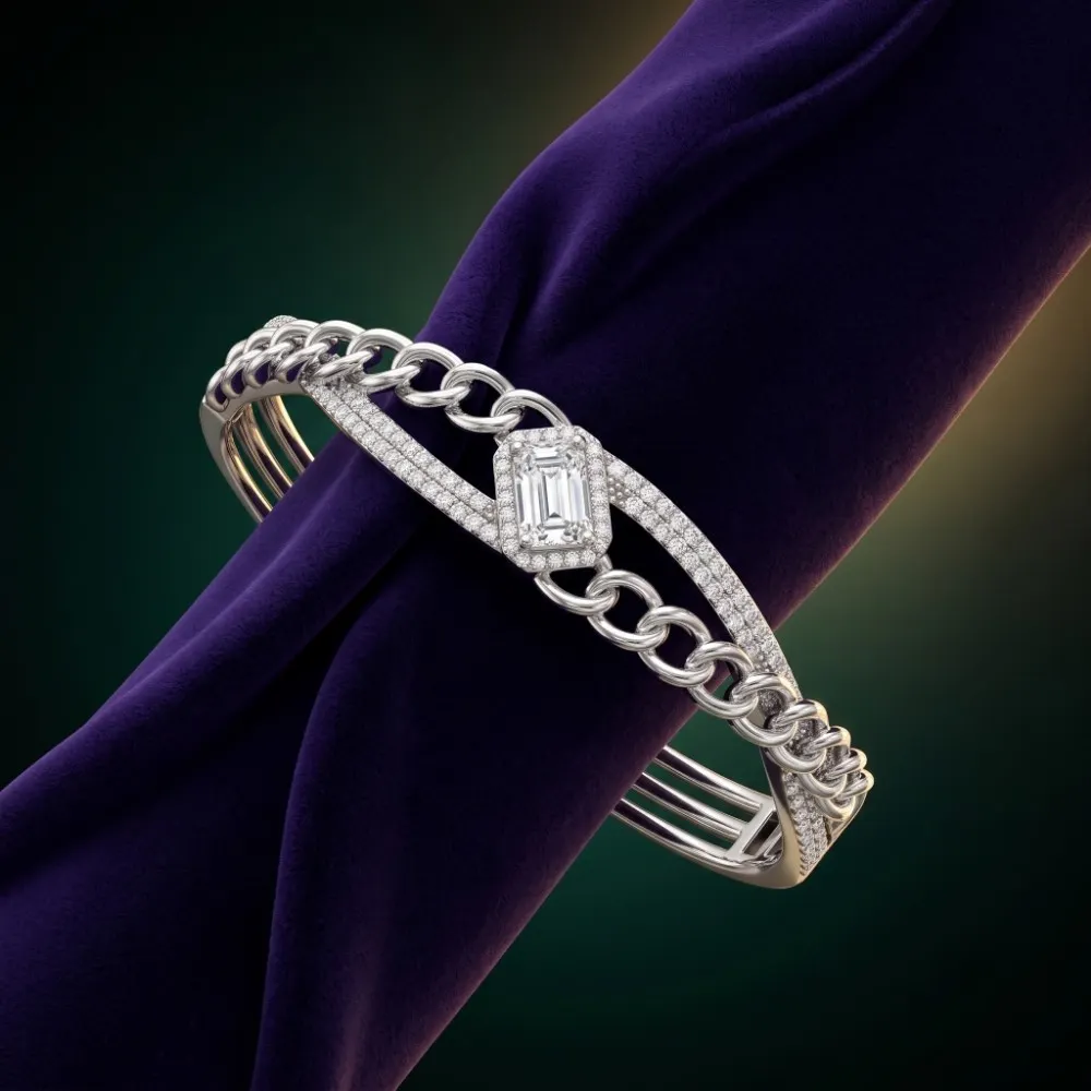 Emerald Cut Halo Bracelet Silver Luxurious emerald cut halo bracelet silver beautifully showcased on rich purple velvet fabric, emphasizing the brilliant rectangular centerpiece and chain details.