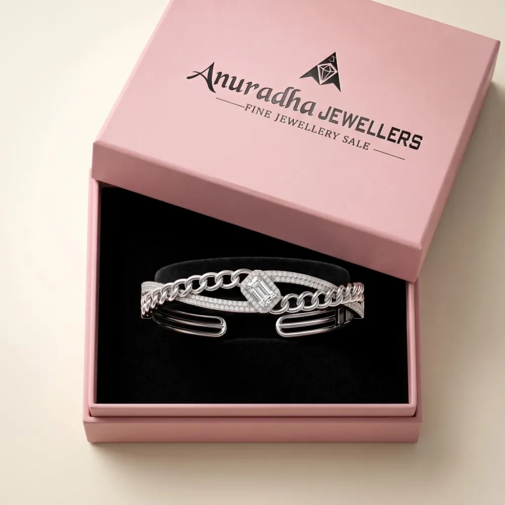 Silver Cuff Bracelet Gift Box The stunning 925 silver crossover cuff securely packaged inside the signature pink Anuradha Jewellers gift box, perfectly presented for premium gifting.