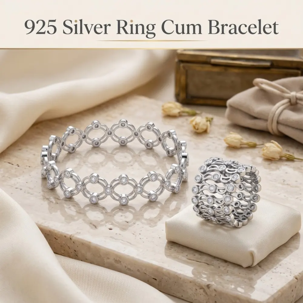 925 Silver Convertible Ring and Bracelet View Premium 925 silver convertible jewelry for women elegantly displayed on a textured surface, showcasing both its multi-layered ring form and expanded bracelet form with sparkling CZ stones.