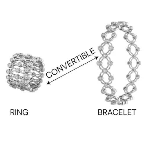 Infographic demonstrating the magical convertible ring to bracelet mechanism, illustrating how it smoothly expands from a compact ring into a full bracelet.