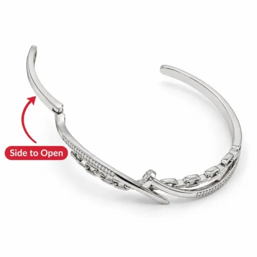 Infographic demonstrating the open cuff bracelet with chain link mechanism, illustrating how it securely opens from the side for ultimate daily comfort.