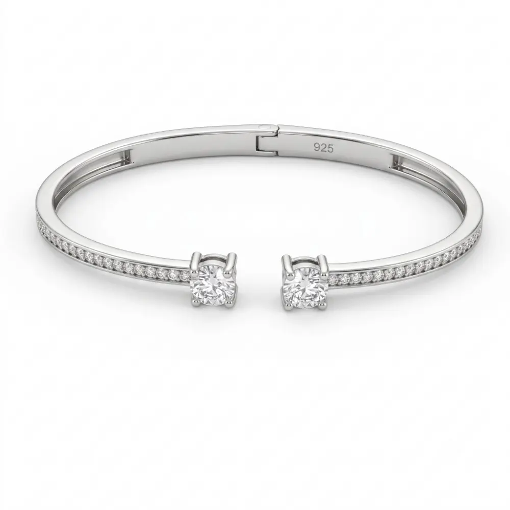 Toi et Moi Bangle Bracelet Silver Premium toi et moi bangle bracelet silver on a clean white background, highlighting the two brilliant face-to-face center stones and the micro-pavé studded band.