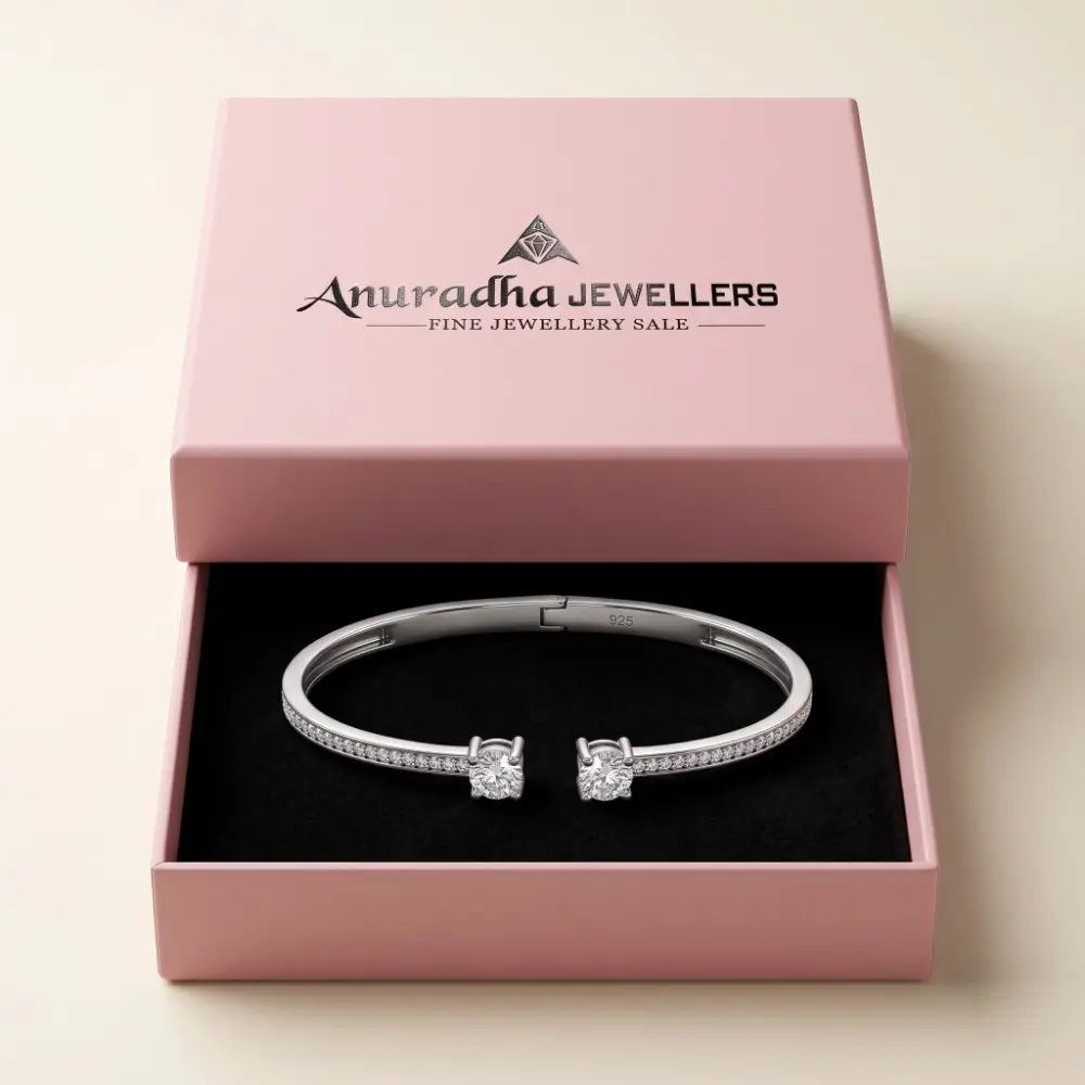 Silver Open Cuff Bangle Bracelet Gift Box The stunning silver open cuff bangle bracelet securely packaged inside the premium pink Anuradha Jewellers gift box, perfectly presented for romantic gifting.