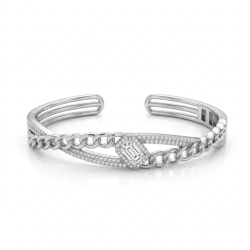 Premium emerald cut silver cuff bracelet elegantly displayed on a clean white background, highlighting the beautiful crossover design and sparkling stones.