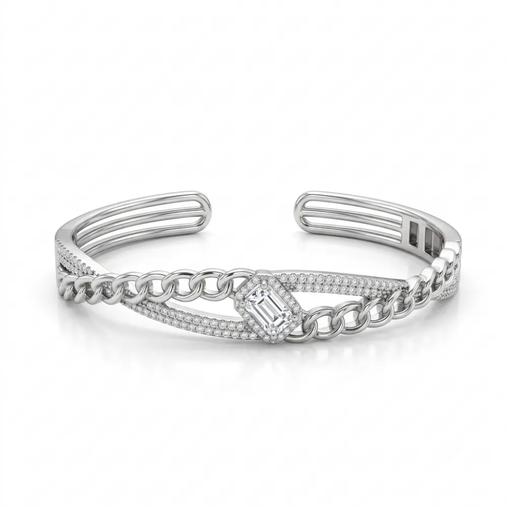 Emerald Cut Silver Cuff Bracelet Premium emerald cut silver cuff bracelet elegantly displayed on a clean white background, highlighting the beautiful crossover design and sparkling stones.