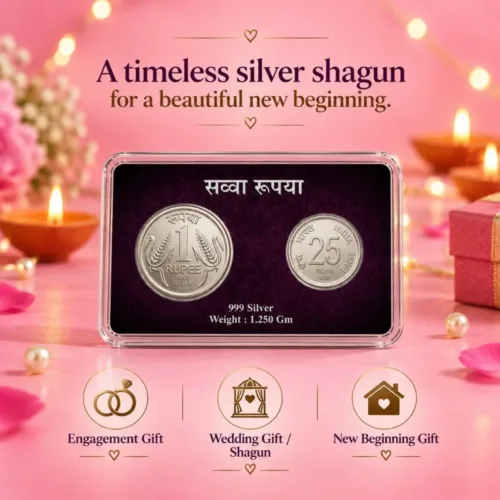 Beautifully packed 999 pure silver coin gift for engagement and weddings, featuring a traditional sava rupya design with a festive pink background.
